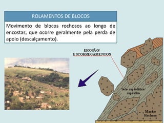 Movimento de blocos rochosos ao longo de
encostas, que ocorre geralmente pela perda de
apoio (descalçamento).
ROLAMENTOS DE BLOCOS
 