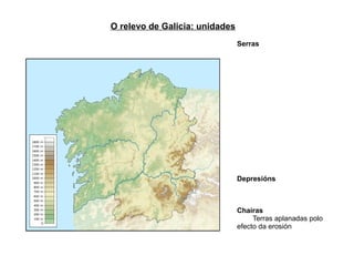 O relevo de Galicia: unidades
                                Serras




                                Depresións



                                Chairas
                                     Terras aplanadas polo
                                efecto da erosión
 