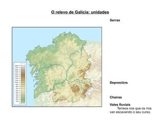 O relevo de Galicia: unidades
                                Serras




                                Depresións



                                Chairas

                                Vales fluviais
                                     Terreos nos que os ríos
                                van escavando o seu curso.
 