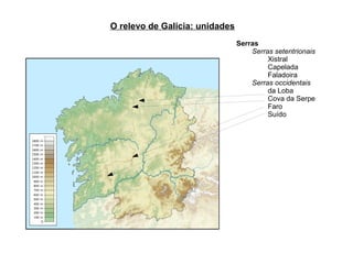 O relevo de Galicia: unidades
                                Serras
                                    Serras setentrionais
                                         Xistral
                                         Capelada
                                         Faladoira
                                    Serras occidentais
                                         da Loba
                                         Cova da Serpe
                                         Faro
                                         Suído
 