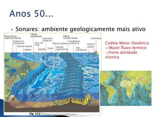    Sonares: ambiente geologicamente mais ativo

                                 Cadeia Meso-Oceânica:
                                   Maior fluxo térmico
                                   Forte atividade
                                 sísmica
 