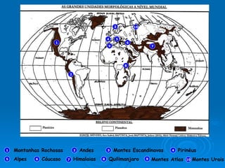 1 2 4 3 5 1 2 4 5 6 Montanhas   Rochosas Andes Pirinéus Cáucaso Himalaias 7 6 Quilimanjaro 7 8 8 Alpes 3 Montes Escandinavos 9 9 Montes Atlas 10 10 Montes Urais 