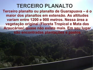 TERCEIRO PLANALTO
Terceiro planalto ou planalto de Guarapuava – é o
maior dos planaltos em extensão. As altitudes
variam entre 1200 e 900 metros. Nessa área a
vegetação original (Floreta Tropical e Mata das
Araucárias) quase não existe mais. Em seu lugar
são encontradas plantações e pastos
 