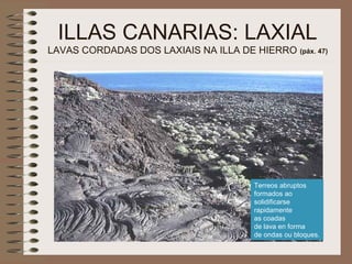 ILLAS CANARIAS: LAXIAL
LAVAS CORDADAS DOS LAXIAIS NA ILLA DE HIERRO (páx. 47)
Terreos abruptos
formados ao
solidificarse
rapidamente
as coadas
de lava en forma
de ondas ou bloques.
 