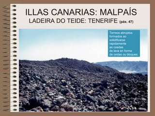ILLAS CANARIAS: MALPAÍS
LADEIRA DO TEIDE: TENERIFE (páx. 47)
Terreos abruptos
formados ao
solidificarse
rapidamente
as coadas
de lava en forma
de ondas ou bloques.
 