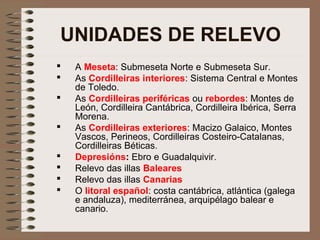 UNIDADES DE RELEVO
 A Meseta: Submeseta Norte e Submeseta Sur.
 As Cordilleiras interiores: Sistema Central e Montes
de Toledo.
 As Cordilleiras periféricas ou rebordes: Montes de
León, Cordilleira Cantábrica, Cordilleira Ibérica, Serra
Morena.
 As Cordilleiras exteriores: Macizo Galaico, Montes
Vascos, Perineos, Cordilleiras Costeiro-Catalanas,
Cordilleiras Béticas.
 Depresións: Ebro e Guadalquivir.
 Relevo das illas Baleares
 Relevo das illas Canarias
 O litoral español: costa cantábrica, atlántica (galega
e andaluza), mediterránea, arquipélago balear e
canario.
 