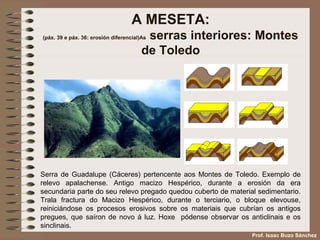 A MESETA:
(páx. 39 e páx. 36: erosión diferencial)As serras interiores: Montes
de Toledo
Serra de Guadalupe (Cáceres) pertencente aos Montes de Toledo. Exemplo de
relevo apalachense. Antigo macizo Hespérico, durante a erosión da era
secundaria parte do seu relevo pregado quedou cuberto de material sedimentario.
Trala fractura do Macizo Hespérico, durante o terciario, o bloque elevouse,
reiniciándose os procesos erosivos sobre os materiais que cubrían os antigos
pregues, que saíron de novo á luz. Hoxe pódense observar os anticlinais e os
sinclinais.
Prof. Isaac Buzo Sánchez
 