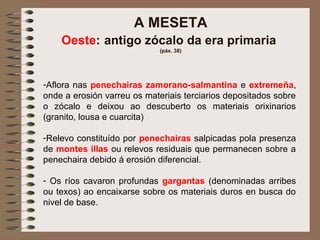 A MESETA
Oeste: antigo zócalo da era primaria
(páx. 38)
-Aflora nas penechairas zamorano-salmantina e extremeña,
onde a erosión varreu os materiais terciarios depositados sobre
o zócalo e deixou ao descuberto os materiais orixinarios
(granito, lousa e cuarcita)
-Relevo constituído por penechairas salpicadas pola presenza
de montes illas ou relevos residuais que permanecen sobre a
penechaira debido á erosión diferencial.
- Os ríos cavaron profundas gargantas (denominadas arribes
ou texos) ao encaixarse sobre os materiais duros en busca do
nivel de base.
 