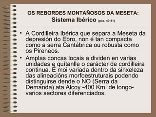 OS REBORDES MONTAÑOSOS DA MESETA:
Sistema Ibérico (páx. 40-41)
• A Cordilleira Ibérica que separa a Meseta da
depresión do Ebro, non é tan compacta
como a serra Cantábrica ou robusta como
os Pireneos.
• Amplas concas locais a dividen en varias
unidades e quítanlle o carácter de cordilleira
continua. É moi variada dentro da sinxeleza
das alineacións morfoestruturais podendo
distinguirse dende o NO (Serra da
Demanda) ata Alcoy -400 Km. de longo-
varios sectores diferenciados.
 