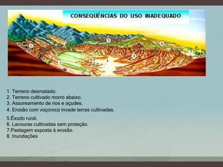 1. Terreno desmatado.
2. Terreno cultivado morro abaixo.
3. Assoreamento de rios e açudes.
4. Erosão com voçoroca invade terras cultivadas.
5.Êxodo rural.
6. Lavouras cultivadas sem proteção.
7.Pastagem exposta à erosão.
8. Inundações
 