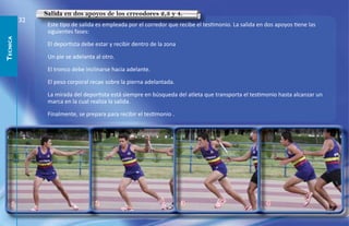 Salida en dos apoyos de los crreodores 2,3 y 4.
          32
                Este tipo de salida es empleada por el corredor que recibe el testimonio. La salida en dos apoyos tiene las
                siguientes fases:
TECNICA




                El deportista debe estar y recibir dentro de la zona

                Un pie se adelanta al otro.

                El tronco debe inclinarse hacia adelante.

                El peso corporal recae sobre la pierna adelantada.

                La mirada del deportista está siempre en búsqueda del atleta que transporta el testimonio hasta alcanzar un
                marca en la cual realiza la salida.

                Finalmente, se prepara para recibir el testimonio .




     1                             2                                   3                               4
 