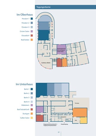 Tagungsräume


Im Oberhaus
      Potsdam 1

     Potsdam 2

     Potsdam 3

   Grüner Salon

     Düsseldorf

     Bad Steben




                                                        Kaminrestaurant
                                                        darunterliegend
                                                        Grüner Salon




                        Gasthaus »Beisl«




Im Unterhaus
         Berlin 1

        Berlin 2

        Berlin 3

        Berlin 4
                                                                             Terrasse

     Hildesheim

Bad Salzdetfurth

       Stuttgart
                                                               Rezeption
   Gelber Salon
                                                                             Pub


                           Eingang Konferenzbereich +         Haupteingang
                           Zugang Autopräsentation




                                                         37
 