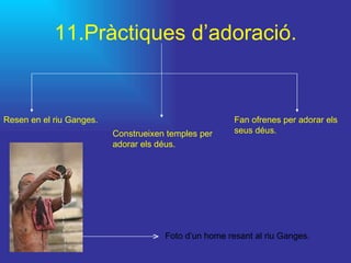 11.Pràctiques d’adoració. Resen en el riu Ganges. Construeixen temples per adorar els déus. Foto d’un home resant al riu Ganges. Fan ofrenes per adorar els seus déus. 