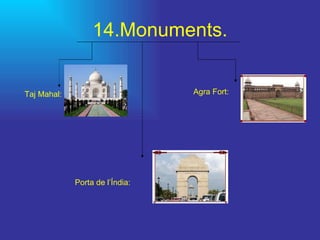 14.Monuments. Taj Mahal:   Porta de l’Índia: Agra Fort: 