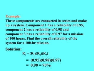 Example:
Three components are connected in series and make
up a system. Component 1 has a reliability of 0.95,
component 2 has a reliability of 0.98 and
component 3 has a reliability of 0.97 for a mission
of 100 hours. Find the overall reliability of the
system for a 100-hr mission.
Solution:
= (0.95)(0.98)(0.97)
= 0.90 = 90%
Rs = (R1)(R2)(R3)
 