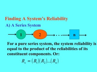 Finding A System’s Reliability
1 2 n. . .
A) A Series System
For a pure series system, the system reliability is
equal to the product of the reliabilities of its
constituent components. Or:
( )( ) ( )ns RRRR ...21=
 