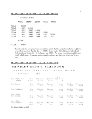Dr. Robert Gebotys 2003
10
R E L I A B I L I T Y A N A L Y S I S - S C A L E (T E S T S C O R)
Correlation Matrix
ITEM1 ITEM2 ITEM3 ITEM4 ITEM5
ITEM1 1.0000
ITEM2 .6889 1.0000
ITEM3 .6455 .3443 1.0000
ITEM4 .3443 .3443 .4167 1.0000
ITEM5 .6455 .3443 .7083 .4167 1.0000
ITEM6 .3778 .6889 .3443 .3443 .3443
ITEM6
ITEM6 1.0000
It is shown in the above inter-item correlation matrix that the largest correlation coefficient
occurs between items 3 and 5 (i.e. r = .7083). Item 2 is also fairly highly correlated with
both item 1 and item 6 (i.e. r in both cases are .6889). The lowest correlation coefficient is
.3443, which occurs between a number of pairs of items (e.g. between item 1 and item 4,
etc.)
R E L I A B I L I T Y A N A L Y S I S - S C A L E (T E S T S C O R)
R E L I A B I L I T Y A N A L Y S I S - S C A L E (A L P H A)
R E L I A B I L I T Y A N A L Y S I S - S C A L E (A L P H A)
N of Cases = 14.0
N of
Statistics for Mean Variance Std Dev Variables
Scale 2.7857 5.1044 2.2593 6
Item Means Mean Minimum Maximum Range Max/Min Variance
.4643 .3571 .5714 .2143 1.6000 .0138
Item Variances Mean Minimum Maximum Range Max/Min Variance
.2555 .2473 .2637 .0165 1.0667 .0001
Inter-item
Covariances Mean Minimum Maximum Range Max/Min Variance
.1190 .0879 .1868 .0989 2.1250 .0015
Inter-item
Correlations Mean Minimum Maximum Range Max/Min Variance
.4665 .3443 .7083 .3641 2.0575 .0234
 