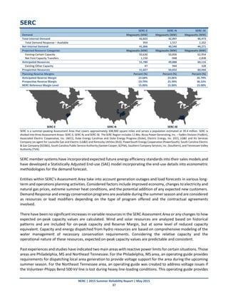 NERC | 2015 Summer Reliability Report | May 2015
37
SERC
SERC-E SERC-N SERC-SE
Demand Megawatts (MW) Megawatts (MW) Megawatts (MW)
Total Internal Demand 42,825 42,097 46,473
Total Demand Response – Available 959 1,557 2,202
Net Internal Demand 41,866 40,540 44,271
Projected Resource Categories Megawatts (MW) Megawatts (MW) Megawatts (MW)
Existing-Certain Capacity 50,630 50,836 62,954
Net Firm Capacity Transfers 1,150 -948 -2,838
Anticipated Resources 51,780 49,888 60,116
Existing-Other Capacity 47 944 328
Prospective Resources 51,827 50,832 60,444
Planning Reserve Margins Percent (%) Percent (%) Percent (%)
Anticipated Reserve Margin 23.68% 23.06% 35.79%
Prospective Reserve Margin 23.79% 25.39% 36.53%
NERC Reference Margin Level 15.00% 15.00% 15.00%
SERC-E SERC-N SERC-SE
SERC is a summer-peaking Assessment Area that covers approximately 308,900 square miles and serves a population estimated at 39.4 million. SERC is
divided into three Assessment Areas: SERC-E, SERC-N, and SERC-SE. The SERC Region includes 11 BAs: Alcoa Power Generating, Inc. – Yadkin Division (Yadkin),
Associated Electric Cooperative, Inc. (AECI), Duke Energy Carolinas and Duke Energy Progress (Duke), Electric Energy, Inc. (EEI), LG&E and KU Services
Company (as agent for Louisville Gas and Electric (LG&E) and Kentucky Utilities (KU)), PowerSouth Energy Cooperative (PowerSouth), South Carolina Electric
& Gas Company (SCE&G), South Carolina Public Service Authority (Santee Cooper, SCPSA), Southern Company Services, Inc. (Southern), and Tennessee Valley
Authority (TVA).
SERC member systems have incorporated expected future energy efficiency standards into their sales models and
have developed a Statistically Adjusted End-use (SAE) model incorporating the end-use details into econometric
methodologies for the demand forecast.
Entities within SERC’s Assessment Area take into account generation outages and load forecasts in various long-
term and operations planning activities. Considered factors include improved economy, changes to electricity and
natural gas prices, extreme summer heat conditions, and the potential addition of any expected new customers.
Demand Response and energy conservation programs are available during the summer season and are considered
as resources or load modifiers depending on the type of program offered and the contractual agreements
involved.
There have been no significant increases in variable resources in the SERC Assessment Area or any changes to how
expected on-peak capacity values are calculated. Wind and solar resources are analyzed based on historical
patterns and are included for on-peak capacity and Reserve Margin, but at some level of reduced capacity
equivalent. Capacity and energy dispatched from hydro resources are based on comprehensive modeling of the
water management of necessary conservation requirements. Considering the relative capacity and the
operational nature of these resources, expected on-peak capacity values are predictable and consistent.
Past experiences and studies have indicated two main areas with reactive power limits for certain situations. Those
areas are Philadelphia, MS and Northeast Tennessee. For the Philadelphia, MS area, an operating guide provides
requirements for dispatching local area generation to provide voltage support for the area during the upcoming
summer season. For the Northeast Tennessee area, an operating guide was created to address voltage issues if
the Volunteer-Phipps Bend 500 kV line is lost during heavy line-loading conditions. This operating guide provides
 
