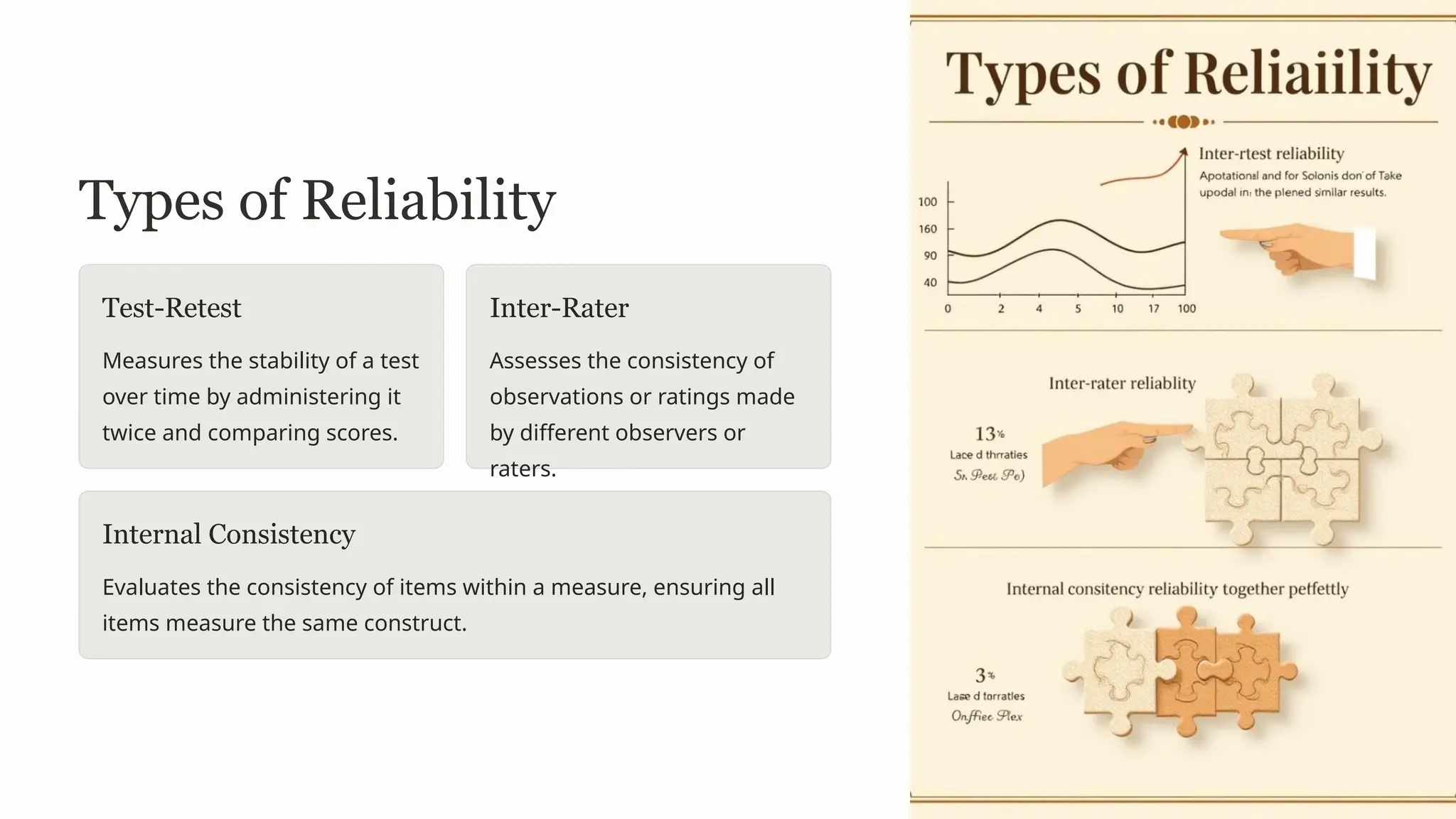 Types of Reliability
Test-Retest
Measures the stability of a test
over time by administering it
twice and comparing scores.
Inter-Rater
Assesses the consistency of
observations or ratings made
by different observers or
raters.
Internal Consistency
Evaluates the consistency of items within a measure, ensuring all
items measure the same construct.
 