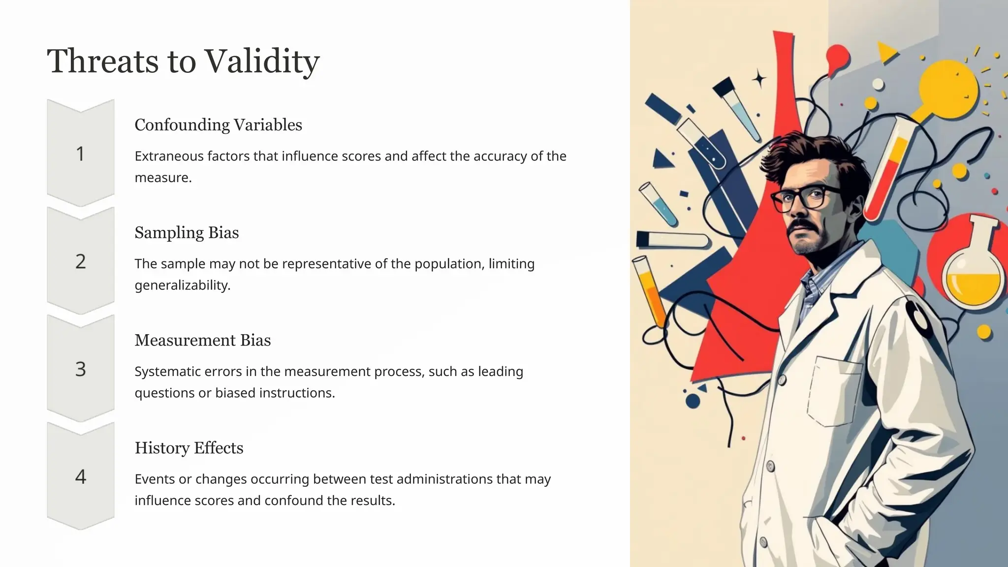 Threats to Validity
Confounding Variables
Extraneous factors that influence scores and affect the accuracy of the
measure.
Sampling Bias
The sample may not be representative of the population, limiting
generalizability.
Measurement Bias
Systematic errors in the measurement process, such as leading
questions or biased instructions.
History Effects
Events or changes occurring between test administrations that may
influence scores and confound the results.
 