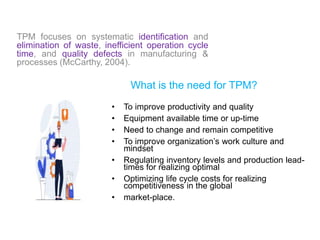 What is the need for TPM?
TPM focuses on systematic identification and
elimination of waste, inefficient operation cycle
time, and quality defects in manufacturing &
processes (McCarthy, 2004).
• To improve productivity and quality
• Equipment available time or up-time
• Need to change and remain competitive
• To improve organization’s work culture and
mindset
• Regulating inventory levels and production lead-
times for realizing optimal
• Optimizing life cycle costs for realizing
competitiveness in the global
• market-place.
 