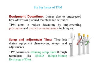 Six big losses of TPM
Equipment Downtime: Losses due to unexpected
breakdowns or planned maintenance activities.
TPM aims to reduce downtime by implementing
preventive and predictive maintenance techniques.
Setup and Adjustment Time: Time lost
during equipment changeovers, setups, and
adjustments.
TPM focuses on reducing setup times through
techniques like SMED (Single-Minute
Exchange of Die).
 