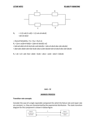 LECTURE NOTES RELIABILITY ENGINEERING
R2 = 1-[(1-ab) (1-cd)] = 1-[1-ab-cd+abcd]
=ab+cd-abcd
∴ Overall Reliability = Rs = R1e + R2(1-e)
Rs = [(a+c-ac)(b+d-bd)]e + [(ab+cd-abcd)(1-e)]
= (ab+ad-abd+cd+cb-bcd-abc-acd+abcd)e + (ab+cd-abcd-abe-cde+abcde)
= abe+ade-abde+cde+cbe-bcde-abce-acde+abcde+ab+cd-abcd-abe-cde+abcde
Rs = ab + cd + ade +bce –abde – bcde – abce – acde – abcd + 2abcde
Unit – IV
MARKOV PROCESS
Transition rate concepts
Consider the case of a single repairable component for which the failure rate and repair rate
are constant, i.e. they are characterized by the exponential distribution. The state transition
diagram for this component is shown in below figure
A
D
B
C
 