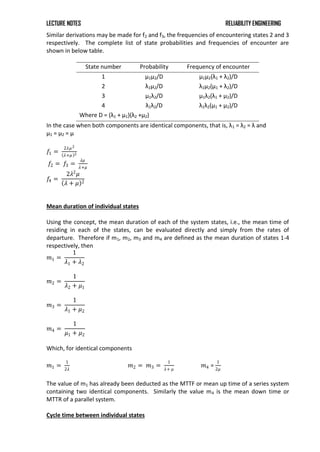 LECTURE NOTES RELIABILITY ENGINEERING
Similar derivations may be made for f2 and f3, the frequencies of encountering states 2 and 3
respectively. The complete list of state probabilities and frequencies of encounter are
shown in below table.
State number Probability Frequency of encounter
1 μ1μ2/D μ1μ2(λ1 + λ2)/D
2 λ1μ2/D λ1μ2(μ1 + λ2)/D
3 μ1λ2/D μ1λ2(λ1 + μ2)/D
4 λ1λ2/D λ1λ2(μ1 + μ2)/D
Where D = (λ1 + μ1)(λ2 +μ2)
In the case when both components are identical components, that is, λ1 = λ2 = λ and
μ1 = μ2 = μ
𝑓1 =
2𝜆𝜇2
𝜆+𝜇 2
𝑓2 = 𝑓3 =
𝜆𝜇
𝜆+𝜇
𝑓
4 =
2𝜆2
𝜇
𝜆 + 𝜇 2
Mean duration of individual states
Using the concept, the mean duration of each of the system states, i.e., the mean time of
residing in each of the states, can be evaluated directly and simply from the rates of
departure. Therefore if m1, m2, m3 and m4 are defined as the mean duration of states 1-4
respectively, then
𝑚1 =
1
𝜆1 + 𝜆2
𝑚2 =
1
𝜆2 + 𝜇1
𝑚3 =
1
𝜆1 + 𝜇2
𝑚4 =
1
𝜇1 + 𝜇2
Which, for identical components
𝑚1 =
1
2𝜆
𝑚2 = 𝑚3 =
1
𝜆+ 𝜇
𝑚4 =
1
2𝜇
The value of m1 has already been deducted as the MTTF or mean up time of a series system
containing two identical components. Similarly the value m4 is the mean down time or
MTTR of a parallel system.
Cycle time between individual states
 