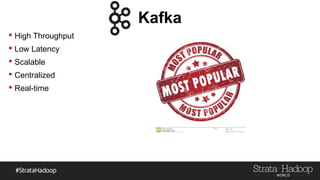 Kafka
 High Throughput
 Low Latency
 Scalable
 Centralized
 Real-time
 