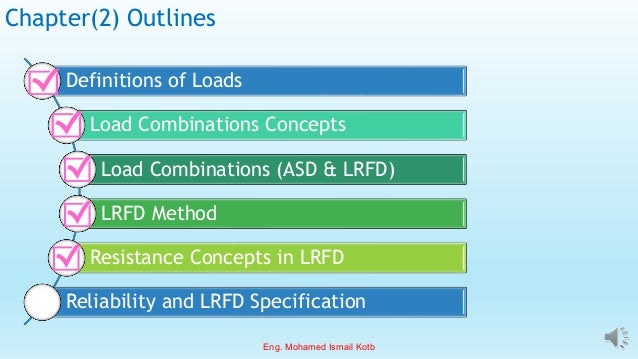Chapter(2) Outlines
Definitions of Loads
Load Combinations Concepts
Load Combinations (ASD & LRFD)
LRFD Method
Resistance Concepts in LRFD
Reliability and LRFD Specification
Eng. Mohamed Ismail Kotb
 