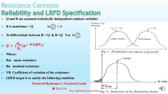 Resistance Concepts
 Q and R are assumed statistically independent random variables
 R is sometimes < Q ln
𝑅
𝑄
< 0
 To differentiate between R < Q & R >Q Use ln
𝑅
𝑄
 ∅ = (
𝑹𝒎
𝑹𝒏
)𝒆(−𝟎.𝟓𝟓𝜷𝑽𝑹)
 Where:
 Rm mean resistance
 Rn nominal resistance
 VR Coefficient of variation of the resistance
 LRFD target is to satisfy the following condition
Factored Resistance ≥ Factored Loads
Ф Pn ≥ Pu
Eng. Mohamed Ismail Kotb
 