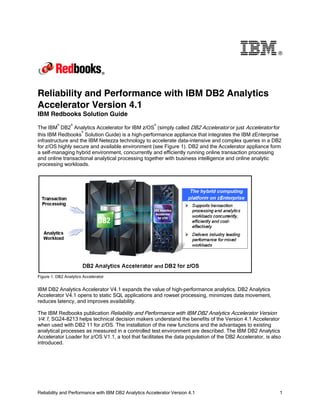 Reliability and Performance with IBM DB2 Analytics Accelerator Version 4.1 1
®
Reliability and Performance with IBM DB2 Analytics
Accelerator Version 4.1
IBM Redbooks Solution Guide
The IBM
®
DB2
®
Analytics Accelerator for IBM z/OS
®
(simply called DB2 Accelerator or just Accelerator for
this IBM Redbooks
®
Solution Guide) is a high-performance appliance that integrates the IBM zEnterprise
infrastructure and the IBM Netezza technology to accelerate data-intensive and complex queries in a DB2
for z/OS highly secure and available environment (see Figure 1). DB2 and the Accelerator appliance form
a self-managing hybrid environment, concurrently and efficiently running online transaction processing
and online transactional analytical processing together with business intelligence and online analytic
processing workloads.
Figure 1. DB2 Analytics Accelerator
IBM DB2 Analytics Accelerator V4.1 expands the value of high-performance analytics. DB2 Analytics
Accelerator V4.1 opens to static SQL applications and rowset processing, minimizes data movement,
reduces latency, and improves availability.
The IBM Redbooks publication Reliability and Performance with IBM DB2 Analytics Accelerator Version
V4.1, SG24-8213 helps technical decision makers understand the benefits of the Version 4.1 Accelerator
when used with DB2 11 for z/OS. The installation of the new functions and the advantages to existing
analytical processes as measured in a controlled test environment are described. The IBM DB2 Analytics
Accelerator Loader for z/OS V1.1, a tool that facilitates the data population of the DB2 Accelerator, is also
introduced.
 