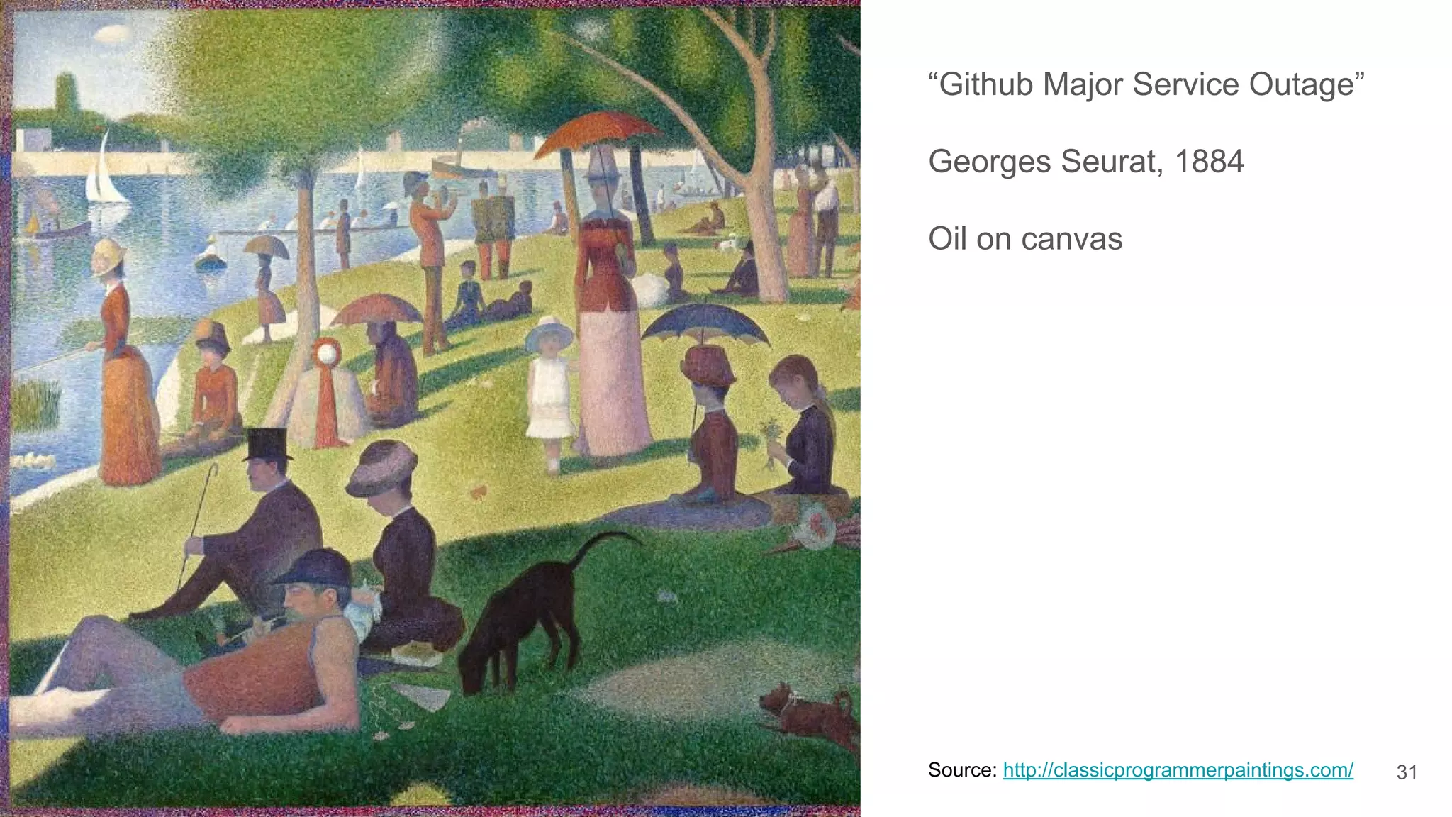 “Github Major Service Outage”
Georges Seurat, 1884
Oil on canvas
31Source: http://classicprogrammerpaintings.com/
 