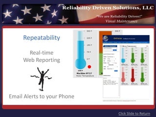 Visual Maintenance



     Repeatability

      Real‐time 
     Web Reporting




Email Alerts to your Phone

                                    Click Slide to Return
 