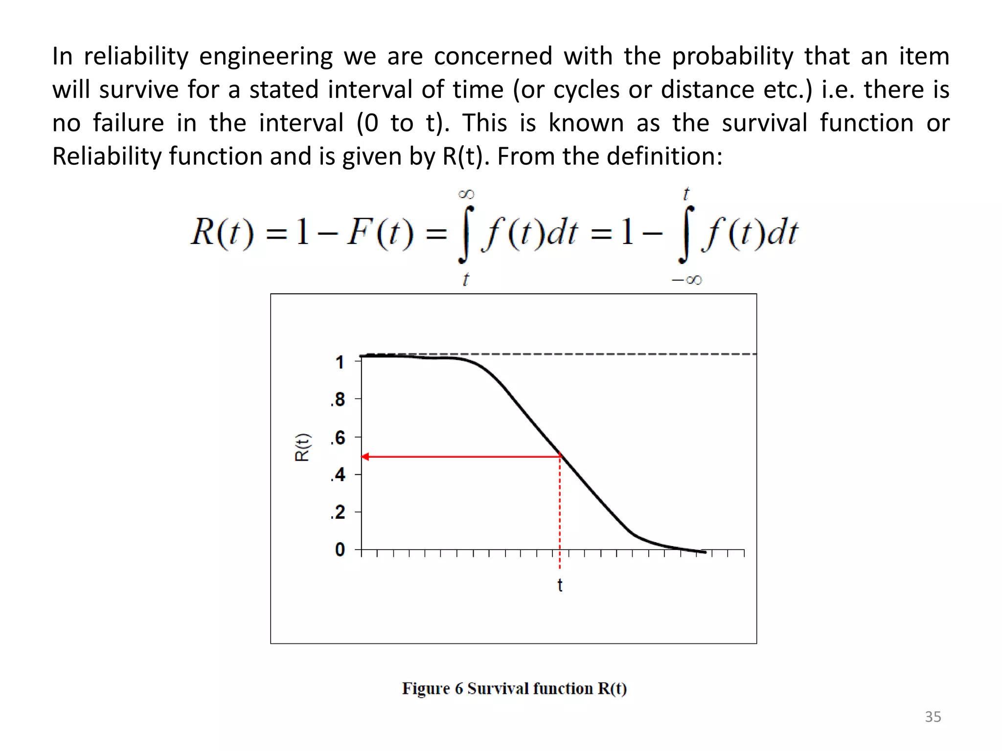 In reliability engineering we are concerned with the probability that an item 
will survive for a stated interval of time (or cycles or distance etc.) i.e. there is 
no failure in the interval (0 to t). This is known as the survival function or 
Reliability function and is given by R(t). From the definition: 
35 
 
