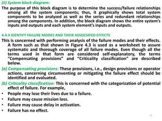 (ii) System block diagram: 
The purpose of this block diagram is to determine the success/failure relationships 
among all the system components; thus, it graphically shows total system 
components to be analyzed as well as the series and redundant relationships 
among the components. In addition, the block diagram shows the entire system’s 
inputs and outputs and each system element’s inputs and outputs. 
4.4.4 IDENTIFY FAILURE MODES AND THEIR ASSOCIATED EFFECTS 
This is concerned with performing analysis of the failure modes and their effects. 
A form such as that shown in Figure 4.3 is used as a worksheet to assure 
systematic and thorough coverage of all failure modes. Even though all the 
terms used in that form are considered self-explanatory, the terms 
“Compensating provisions” and “Criticality classification” are described 
below. 
(a) Compensating provisions: These provisions, i.e., design provisions or operator 
actions, concerning circumventing or mitigating the failure effect should be 
identified and evaluated. 
(b) Criticality classification: This is concerned with the categorization of potential 
effect of failure. For example, 
• People may lose their lives due to a failure. 
• Failure may cause mission loss. 
• Failure may cause delay in activation. 
• Failure has no effect. 
11 
 