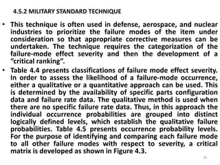4.5.2 MILITARY STANDARD TECHNIQUE 
• This technique is often used in defense, aerospace, and nuclear 
industries to prioritize the failure modes of the item under 
consideration so that appropriate corrective measures can be 
undertaken. The technique requires the categorization of the 
failure-mode effect severity and then the development of a 
“critical ranking”. 
• Table 4.4 presents classifications of failure mode effect severity. 
In order to assess the likelihood of a failure-mode occurrence, 
either a qualitative or a quantitative approach can be used. This 
is determined by the availability of specific parts configuration 
data and failure rate data. The qualitative method is used when 
there are no specific failure rate data. Thus, in this approach the 
individual occurrence probabilities are grouped into distinct 
logically defined levels, which establish the qualitative failure 
probabilities. Table 4.5 presents occurrence probability levels. 
For the purpose of identifying and comparing each failure mode 
to all other failure modes with respect to severity, a critical 
matrix is developed as shown in Figure 4.3. 
18 
 