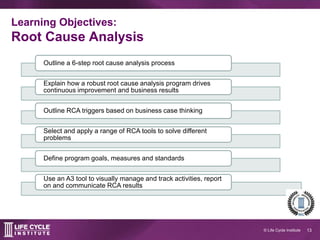 13© Life Cycle Institute
Learning objectives:
Root Cause Analysis
Outline a 6-step root cause analysis (RCA) process
Explain how a robust RCA program drives continuous improvement and
business results
Plan your RCA program
Select and apply a range of RCA tools to solve different problems
Define program goals, measures and standards
Use an A3 tool to visually manage and track activities, report and
communicate results
List RCA group facilitation best practices
 
