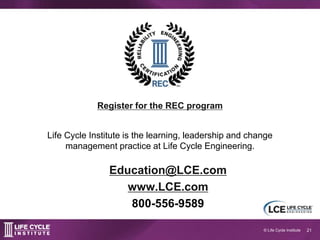 21© Life Cycle Institute
Education@LCE.com
www.LCE.com
800-556-9589
Life Cycle Institute is the learning, leadership and change
management practice at Life Cycle Engineering.
Register for the REC program
 