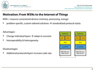 Motivation: From WSNs to the Internet of Things
WSN = resource constrained devices (memory, processing, energy)
 problem specific, custom tailored solutions  standardized protocol stacks
Advantages:
 Change individual layers  adapt to scenario
 Interoperability & heterogeneity
Disadvantages:
 Additional protocols/layers increase code size
Dipl.-Inf. Peter Rothenpieler
rothenpieler@itm.uni-luebeck.de
http://www.itm.uni-luebeck.de/users/rothenpieler
Application
6LoWPAN
IPv6
UDP ICMP
IEEE 802.15.4
MAC & PHY
Application
6LoWPAN
IPv6
UDP ICMP
IEEE 802.15.4
MAC & PHY
3
 
