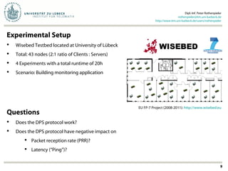 Experimental Setup
 Wisebed Testbed located at University of Lübeck
 Total: 43 nodes (2:1 ratio of Clients : Servers)
 4 Experiments with a total runtime of 20h
 Scenario: Building monitoring application
Dipl.-Inf. Peter Rothenpieler
rothenpieler@itm.uni-luebeck.de
http://www.itm.uni-luebeck.de/users/rothenpieler
9
EU FP-7 Project (2008-2011): http://www.wisebed.eu
Questions
 Does the DPS protocol work?
 Does the DPS protocol have negative impact on
 Packet reception rate (PRR)?
 Latency (“Ping”)?
 