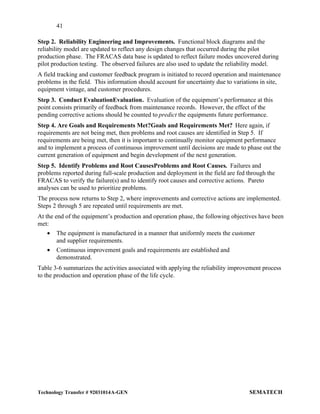 41
Technology Transfer # 92031014A-GEN SEMATECH
Step 2. Reliability Engineering and Improvements. Functional block diagrams and the
reliability model are updated to reflect any design changes that occurred during the pilot
production phase. The FRACAS data base is updated to reflect failure modes uncovered during
pilot production testing. The observed failures are also used to update the reliability model.
A field tracking and customer feedback program is initiated to record operation and maintenance
problems in the field. This information should account for uncertainty due to variations in site,
equipment vintage, and customer procedures.
Step 3. Conduct EvaluationEvaluation. Evaluation of the equipment’s performance at this
point consists primarily of feedback from maintenance records. However, the effect of the
pending corrective actions should be counted to predict the equipments future performance.
Step 4. Are Goals and Requirements Met?Goals and Requirements Met? Here again, if
requirements are not being met, then problems and root causes are identified in Step 5. If
requirements are being met, then it is important to continually monitor equipment performance
and to implement a process of continuous improvement until decisions are made to phase out the
current generation of equipment and begin development of the next generation.
Step 5. Identify Problems and Root CausesProblems and Root Causes. Failures and
problems reported during full-scale production and deployment in the field are fed through the
FRACAS to verify the failure(s) and to identify root causes and corrective actions. Pareto
analyses can be used to prioritize problems.
The process now returns to Step 2, where improvements and corrective actions are implemented.
Steps 2 through 5 are repeated until requirements are met.
At the end of the equipment’s production and operation phase, the following objectives have been
met:
• The equipment is manufactured in a manner that uniformly meets the customer
and supplier requirements.
• Continuous improvement goals and requirements are established and
demonstrated.
Table 3-6 summarizes the activities associated with applying the reliability improvement process
to the production and operation phase of the life cycle.
 