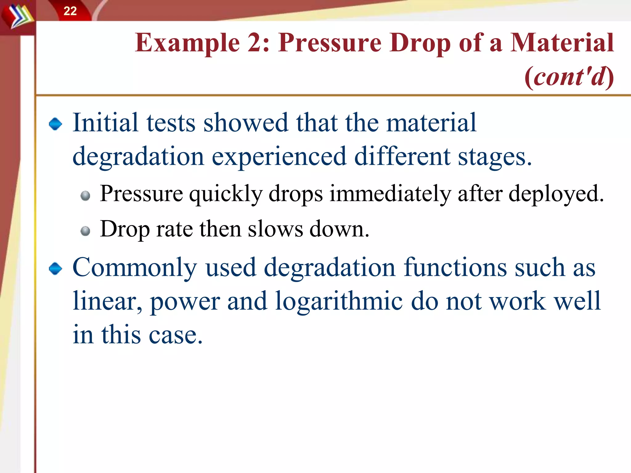 22
Example 2: Pressure Drop of a Material
(cont'd)
Initial tests showed that the material
degradation experienced different stages.
Pressure quickly drops immediately after deployed.
Drop rate then slows down.
Commonly used degradation functions such as
linear, power and logarithmic do not work well
in this case.
 