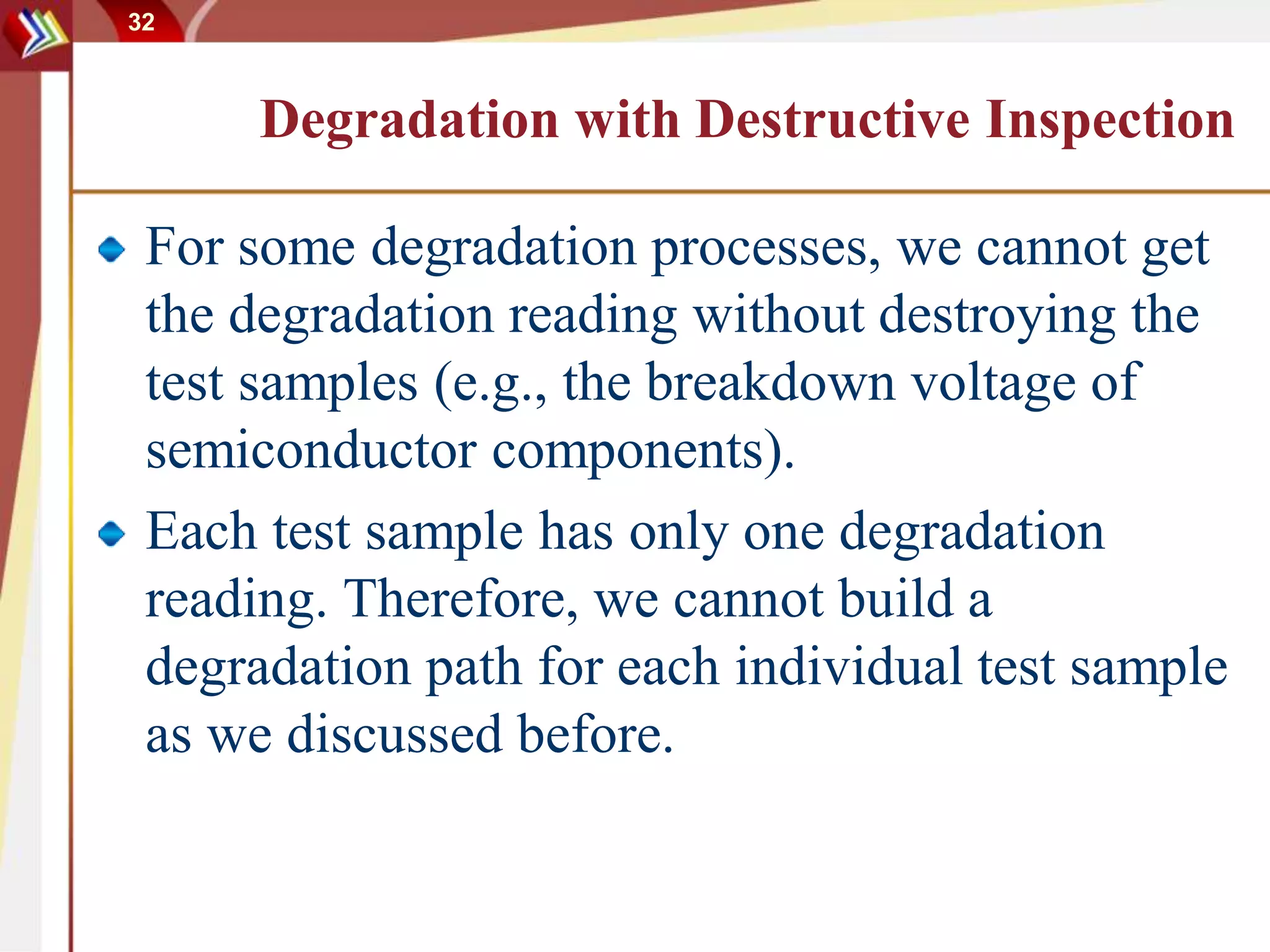 32
Degradation with Destructive Inspection
For some degradation processes, we cannot get
the degradation reading without destroying the
test samples (e.g., the breakdown voltage of
semiconductor components).
Each test sample has only one degradation
reading. Therefore, we cannot build a
degradation path for each individual test sample
as we discussed before.
 