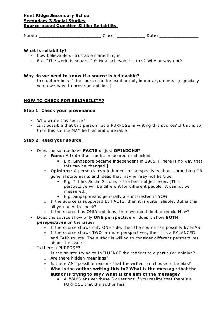 Sec 3 Social Studies SBQ Skill: Reliability notes