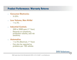 Product Performance: Warranty Returns 
o Consumer Electronics 
o 5-25% 
o Low Volume, Non Hi-Rel 
o 1 to 2% 
o Industrial Controls 
o 500 to 2000 ppm (1st Year) 
o Depends on complexity, 
production volumes, and risk 
sensitivity 
o Automotive 
o 1 to 5% (Electrical, 1st Year) 
o Can also be reported as 
problems per 100 vehicles 
? 2004 - 2001907000 Virginia Manor Rd Ste 290, Beltsville MD 20705 | 301-474-0607 | www.dfrsolutions.com 
 