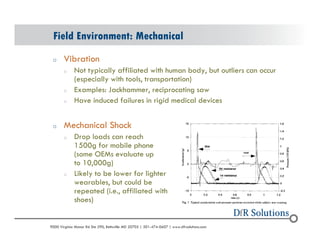 Field Environment: Mechanical 
o Vibration 
o Not typically affiliated with human body, but outliers can occur 
(especially with tools, transportation) 
o Examples: Jackhammer, reciprocating saw 
o Have induced failures in rigid medical devices 
o Mechanical Shock 
o Drop loads can reach 
1500g for mobile phone 
(some OEMs evaluate up 
to 10,000g) 
o Likely to be lower for lighter 
wearables, but could be 
repeated (i.e., affiliated with 
shoes) 
? 2004 - 2001907000 Virginia Manor Rd Ste 290, Beltsville MD 20705 | 301-474-0607 | www.dfrsolutions.com 
 