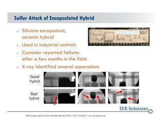 Sulfur Attack of Encapsulated Hybrid 
o Silicone encapsulant, 
ceramic hybrid 
o Used in industrial controls 
o Customer reported failures 
after a few months in the field 
o X-ray identified several separations 
Good 
hybrid 
Bad 
hybrid 
? 2004 - 2001907000 Virginia Manor Rd Ste 290, Beltsville MD 20705 | 301-474-0607 | www.dfrsolutions.com 
 