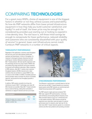 COMPARING TECHNOLOGIES
For a great many WISPs, choice of equipment is one of the biggest
factors in whether or not they achieve success and sustainability.
So how do PMP networks differ from lower priced infrastructure
equipment in how they help you build customer satisfaction and
loyalty? In and of itself, the lower price may be enough to be
considered by providers just starting out or looking to expand in
a low-density area. The real issue is, will those initial savings be
enough to compensate for lower performance, reduced reliability
and customers who are consistently dissatisfied with your quality
of service? In general, lower cost infrastructure cannot match
Cambium PMP networks in a number of critical aspects.

THROUGHPUT PERFORMANCE
Regardless of the application, customers want throughput
that will carry voice and video payload reliably both
upstream and downstream. In terms of throughput, it’s
                                                                                                                                  LOWER COST
important to distinguish between theoretical and real-
                                                                                                                                  INFRASTRUCTURE
world figures. Cambium Networks develops excellent
802.11-based products. We have specific experience with                                                                           CANNOT MATCH
this technology and also the unique needs of WISPs who                                                                            CAMBIUM PMP
are building long-range distribution and access networks                                                                          NETWORKS IN
for business and residential subscribers. When comparing                                                                          A NUMBER
to PMP solutions, other 802.11 vendors claim maximum                                                                              OF CRITICAL
throughputs based on 40 MHz channels and in ideal                                                                                 ASPECTS
conditions that are not likely for a typical WISP. In fact,
it is easier to find 10 MHz or 20 MHz of available spectrum.
Service providers need to consider the amount of available
spectrum, and provide the most throughput possible in
that spectrum.
                                                                   SYNCHRONIZED PERFORMANCE
In addition, PMP systems normally do not have the                  The difference in performance is partially based on the fact
interference issues of 802.11 technology, even when 40             that most low cost 802.11-based networks are contention-
MHz channels are available. Many 802.11-based networks             based systems while PMP networks are synchronized with
have no external filtering, making them vulnerable to              Global Positioning System (GPS) capabilities.
interference on adjacent channels and from out of band.
                                                                   The PMP network’s highly optimized scheduled TDD
 THROUGHPUT                                                        MAC layer supports GPS synchronization, minimizing
                                                                   self-interference and providing efficient frequency reuse.
                                                 	 Others	   PMP
                                                                   With consistent latency of just 5 to 7 milliseconds even
Published throughput rate is based on useable    	 NO	       YES   in fully loaded conditions, PMP networks provide the
throughput for applications and does not count
signaling “overhead” data
                                                                   experience your subscribers need and expect for optimal
                                                                   performance even for networks under high load. On the
                                                                   other hand, 802.11-based networks operate on a contention
                                                                   scheme and often have problems with providing consistent



SOLUTION PAPER RELIABILITY OR RISK                                                                                                                 3
 