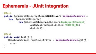 @Rule
public EphemeralResource<RemoteWebDriver> seleniumResource =
new EphemeralResource(
new SeleniumEphemeral.Builder(deploymentContext)
.withDesiredCapabilities(FIREFOX_42)
.build());
@Test
public void test() {
RemoteWebDriver remoteWebDriver = seleniumResource.get();
.....
}
Ephemerals - JUnit Integration
 